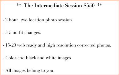 **  The Intermediate Session $550  **
  
 - 2 hour, two location photo session

 - 3-5 outfit changes.
  
 - 15-20 web ready and high resolution corrected photos. 

 - Color and black and white images

 - All images belong to you.  
